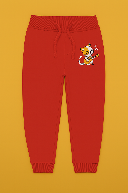 Girls Soft Loopknit Cotton Joggers – Red with Cat Graphic