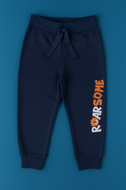 Boys Soft Loopknit Cotton Joggers – Blue with Typography Graphic