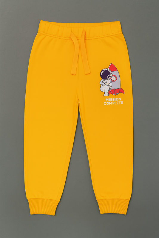 Boys Soft Loopknit Cotton Joggers – Yellow with Astronaut Graphic