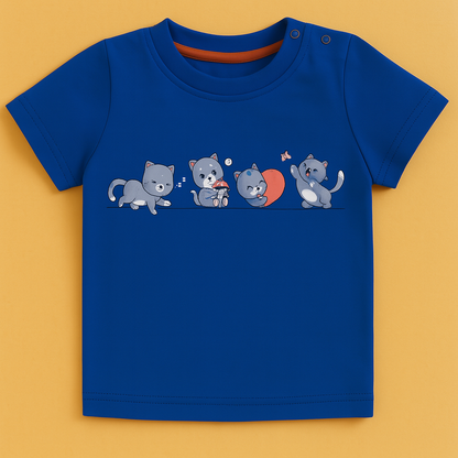 Boys Blue Cotton Interlock Half Sleeve T-Shirt – Cat Design