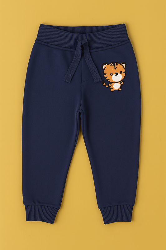 Boys Soft Loopknit Cotton Joggers – Blue with Tiger Graphic
