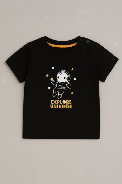 Boys Black Cotton Interlock Half Sleeve T-Shirt – Astronaut Design