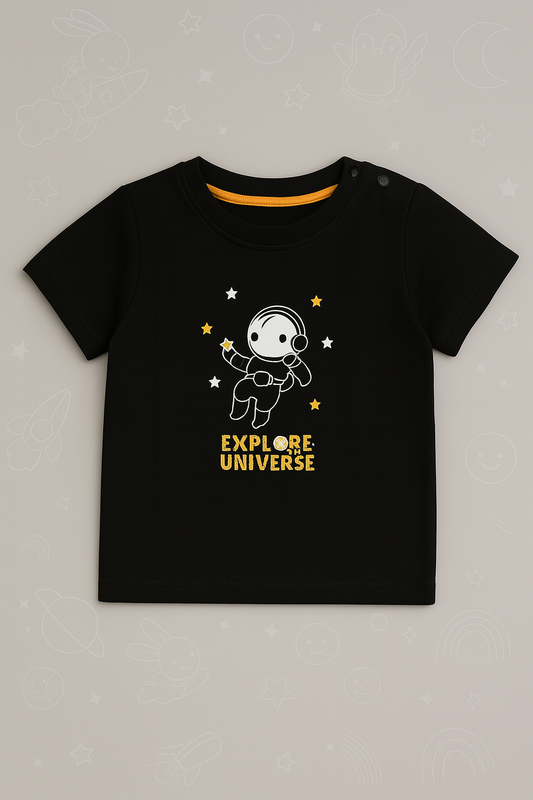 Boys Black Cotton Interlock Half Sleeve T-Shirt – Astronaut Design