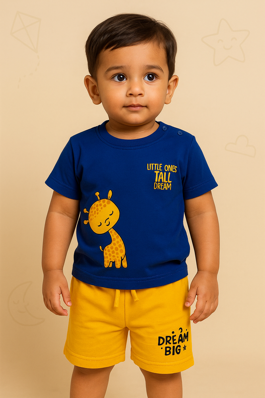 Boys Navy Blue Cotton Interlock Half Sleeve T-Shirt & Shorts Set – Giraffe Design