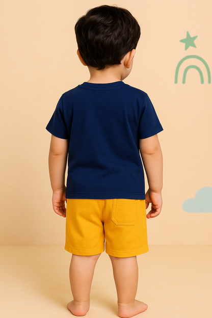 Boys Navy Blue Cotton Interlock Half Sleeve T-Shirt & Shorts Set – Giraffe Design