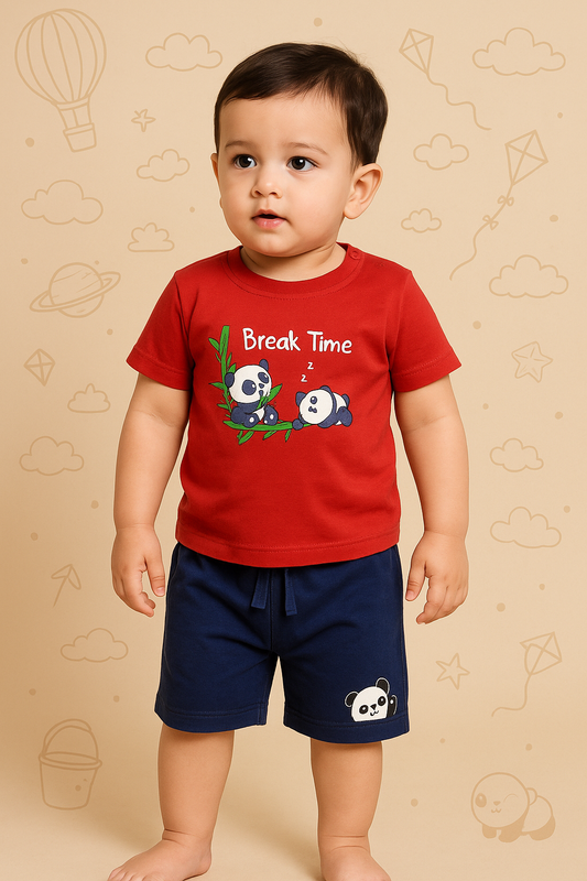 Boys Red Cotton Interlock Half Sleeve T-Shirt & Shorts Set – Panda Design