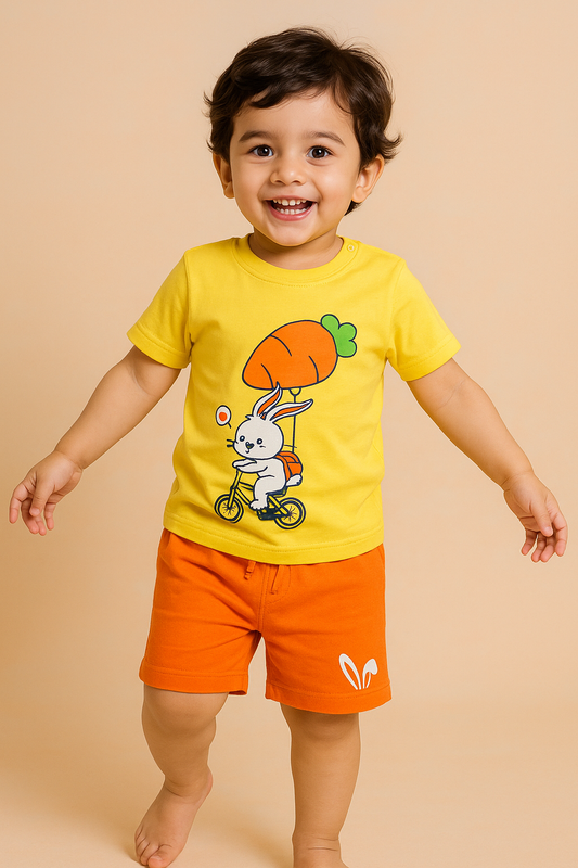 Boys Yellow Cotton Interlock Half Sleeve T-Shirt & Shorts Set – Rabbit Design